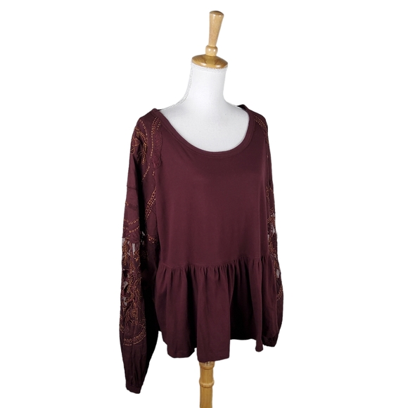 Free People Embroidered Penny Tee Peplum Top In Wine Size Large - Picture 2 of 8